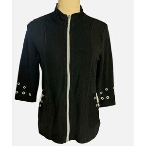 Onque Casual Sports Black Full Zip Rhinestone Jeweled 3/4 Sleeves Knit Jacket M